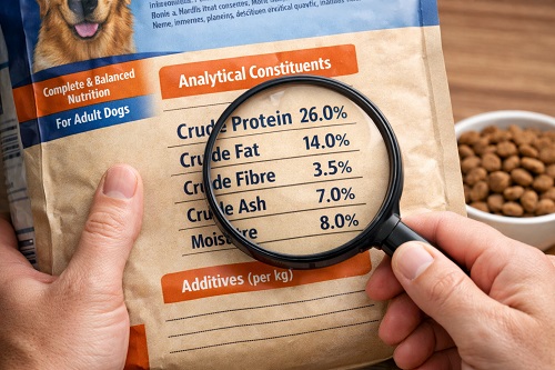 Lecture des informations nutritionnelles sur un paquet de croquettes