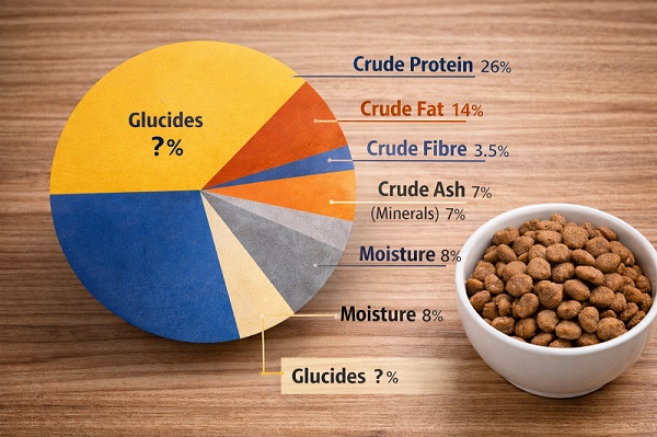 Lecture des informations nutritionnelles sur un paquet de croquettes